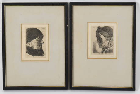 Wilhelm Leibl (1844-1900), A Pair of Portraits, Etchings: Wilhelm Leibl (1844-1900), A Pair of Portraits, Etchings A pair of etchings of two peasants facing one another by Wilhelm Leibl, dated and signed in the plate in the upper corners. Dimensi