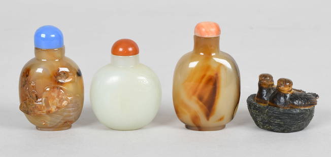 Three Chinese Snuff Bottles, Jade and Agate: Three Chinese Snuff Bottles, Jade and Agate&nbsp; Comprising: a jade snuff bottle with carved prunus branch decoration, an agate example decorated with a man in a boat and an undecorated agate bottle.