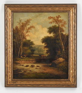 William Howard Hart (1863-1937), Oil Canvas: William Howard Hart (1863-1937), Oil Canvas&nbsp; &nbsp; A landscape with central cows, signed at the lower right.&nbsp; Dimensions: 12&nbsp;1/4&quot; x 10 1/4&quot;, the frame 14 1/2&quot;