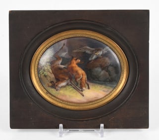 Miniature Painting on Porcelain, Fox, Eagle and Deer