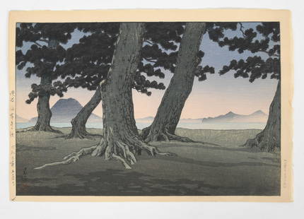 Kawase Hasui (1883-1957), Woodblock Print, Sanuki Province: A woodblock print from Collected Views of Japan II, by Kawase Hasui&nbsp;a view of &quot;The Beach at Kaiganji in Sanuki Province&quot;,1934, with corresponding stamps and inscriptions at the margins.