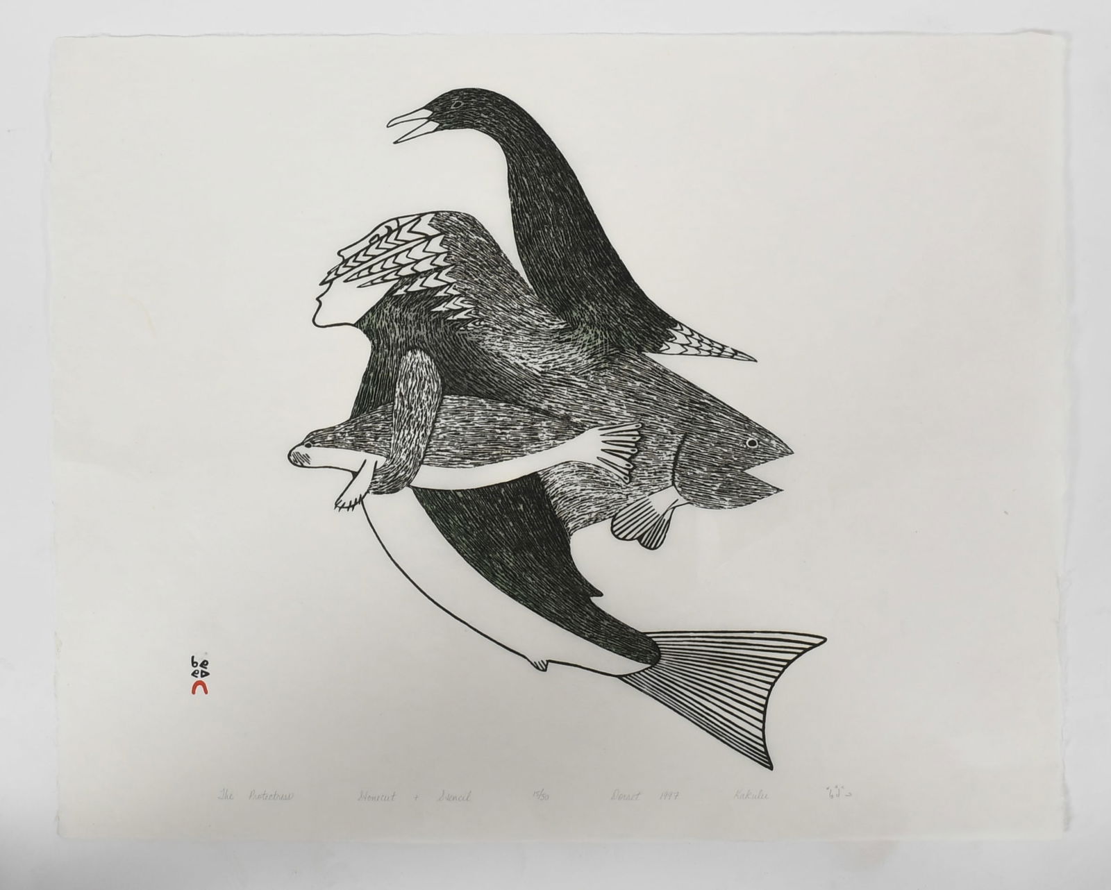 Kakulu Saggiaktok (Inuit, 1940 - 2020), Stonecut and Stencil - "The Protectress" (1 of 6)