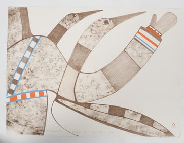 Pudlo Pudlat (Inuit, 1916-1992), Lithograph - "Man Among the Loon"
