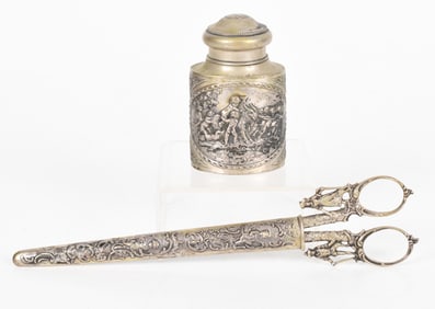 Two Pieces of Continental Silver, Scissors and a Tea Caddy
