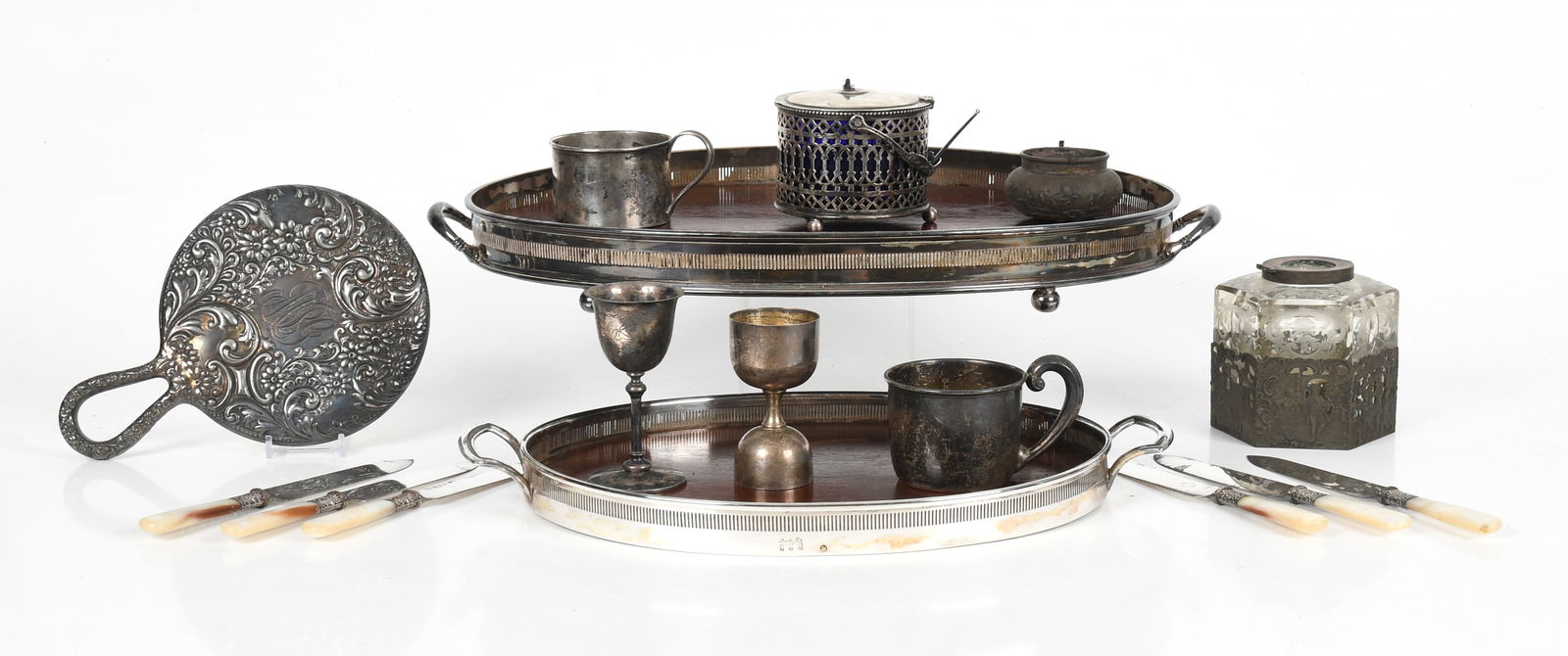 A Group of Silver Tableware, Trays, Vessels: An assorted group of tableware, comprising: a sterling 4" tall cup by George Sharp for Bailey and Co., a sterling 2" tall cup by Dominick and Haff, a 2 1/4" tall cup by Wlm,. B. Ke