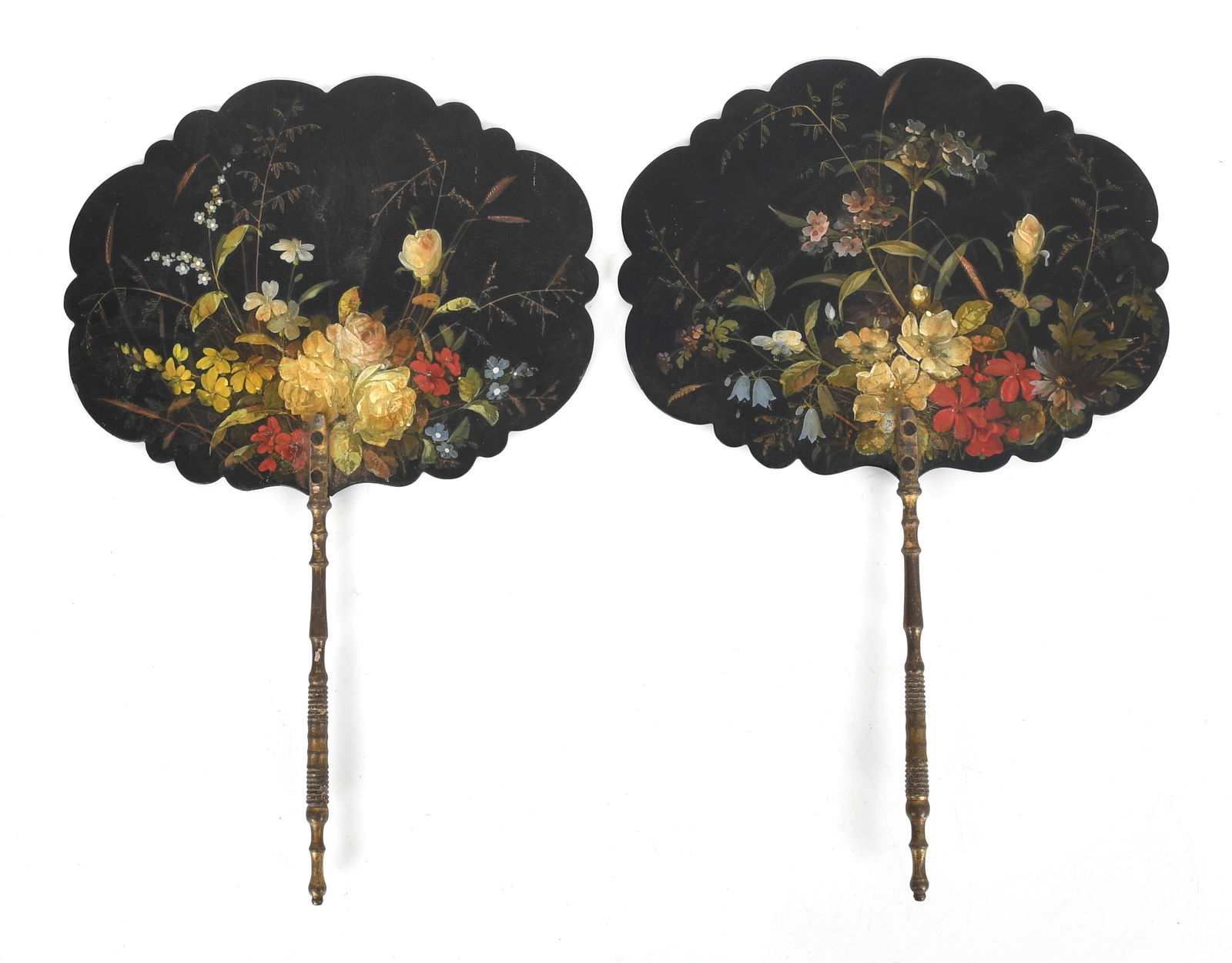 Pair of Victorian Black Lacquer Papier Mache Face Screens / Fans, 19th Century (1 of 6)