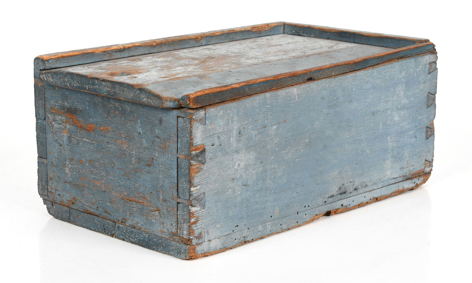 Primitive Blue-Painted Pine Slide Lid Candle Box, Early 19th Century