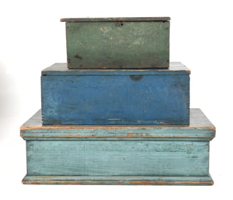 Three Primitive Green and Blue Painted Boxes, 19th Century