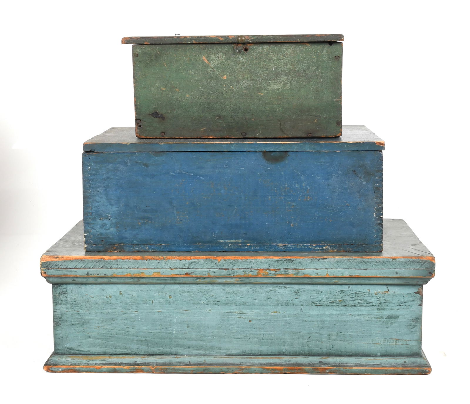 Three Primitive Green and Blue Painted Boxes, 19th Century (1 of 15)