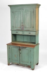 Sheraton Green-Painted Two-Part Stepback Cupboard, 19th Century