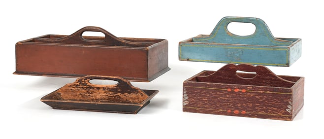 Group of Four Primitive Painted Cutlery Trays, 19th Century
