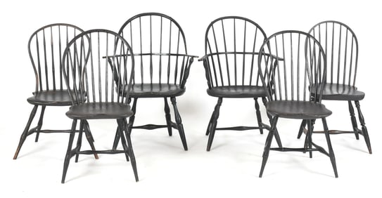 Assembled Group of Six Black-Painted Windsor Chairs, 19th Century