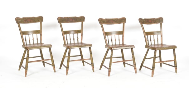 Four Pennsylvania Painted Half Spindle-Back Plank Seat Dining Chairs, 19th Century