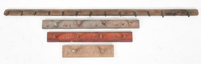 Four American Primitive Sets of Wall Mounted Clothing Pegs and Game Hooks