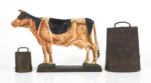 Painted Cast Iron Cow Form Doorstop and Two Antique Sheet Iron Cowbells