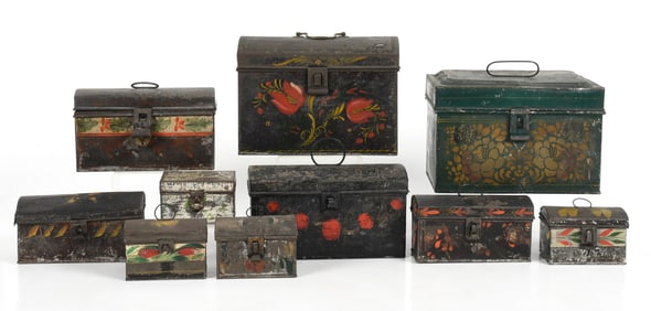 Assembled Group of American Paint Decorated Tole Boxes, 19th Century