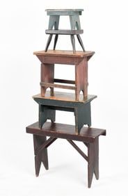Group of American Country Painted Benches and Stools, 19th Century