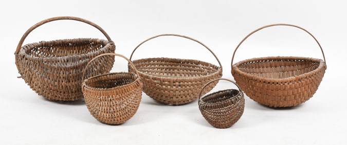 Group of Five Splint Woven Baskets, 19th-20th Century