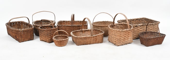 Group of Nine Splint Woven Baskets, 19th-20th Century