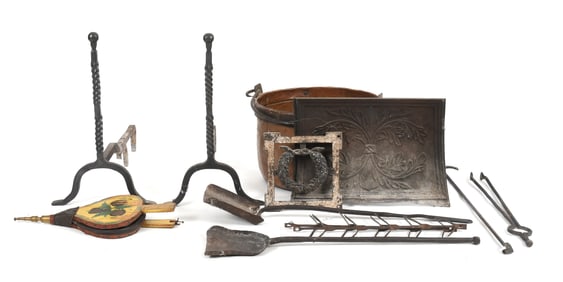 Assembled Group of Iron Hearth Accessories and Fireplace Tools, 19th Century