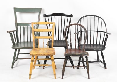 Group of Five Paint Decorated Mixed Wood Windsor Chairs, 19th-20th Century