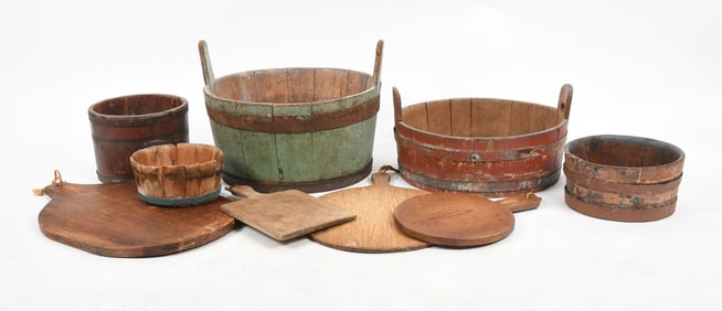 Five Painted Wash Tubs / Buckets and Four Cutting Boards