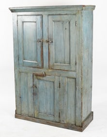 Large American Country Blue-Painted One-Part Cupboard, 19th Century