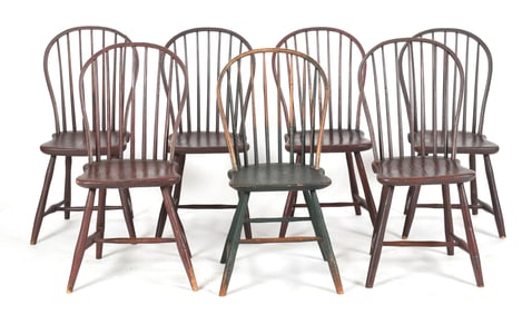 Seven Painted Bamboo-Turned Balloon Back Windsor Chairs, 19th Century