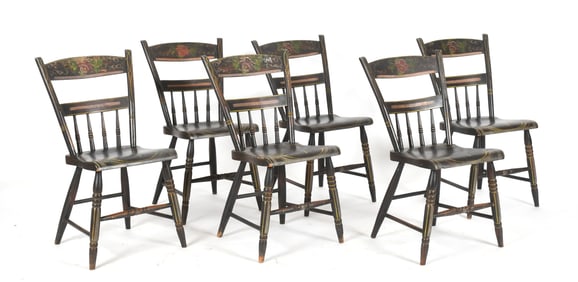Six Pennsylvania Painted Half Spindle-Back Plank Seat Dining Chairs, 19th Century