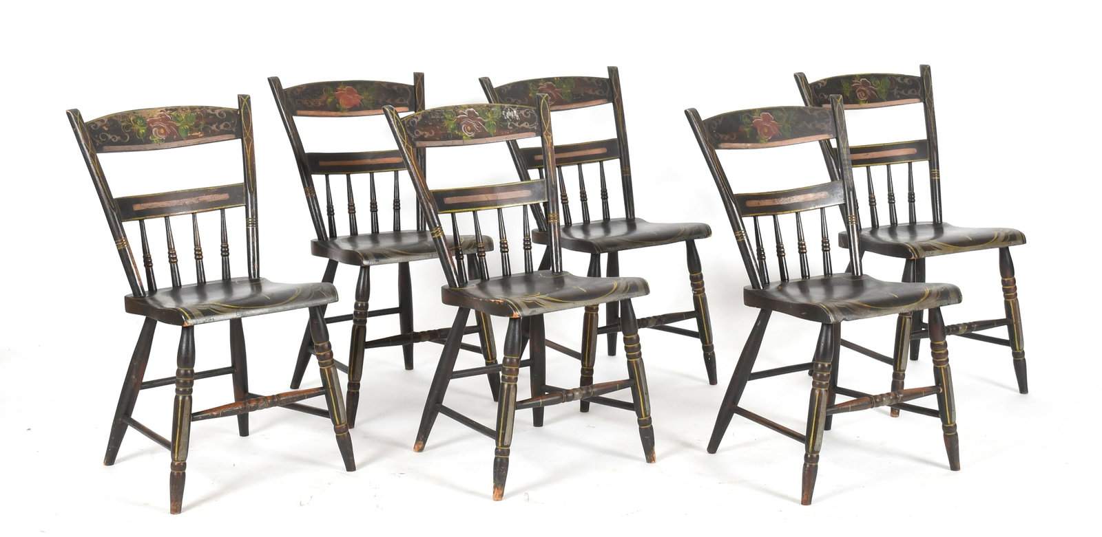 Six Pennsylvania Painted Half Spindle-Back Plank Seat Dining Chairs, 19th Century (1 of 12)