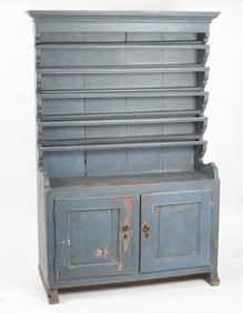 Country Blue-Painted Pine Stepback Pewter Cupboard, Circa 1800