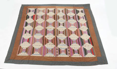 Pennsylvania Calico Wool Challis 'Courthouse Steps' Log Cabin Quilt, Circa 1875