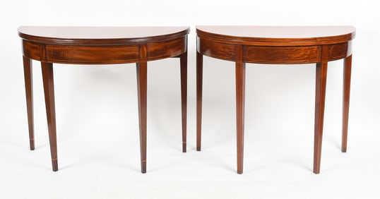 Companion Pair of Federal Mahogany Demilune Fold-Top Card Tables, 19th Century