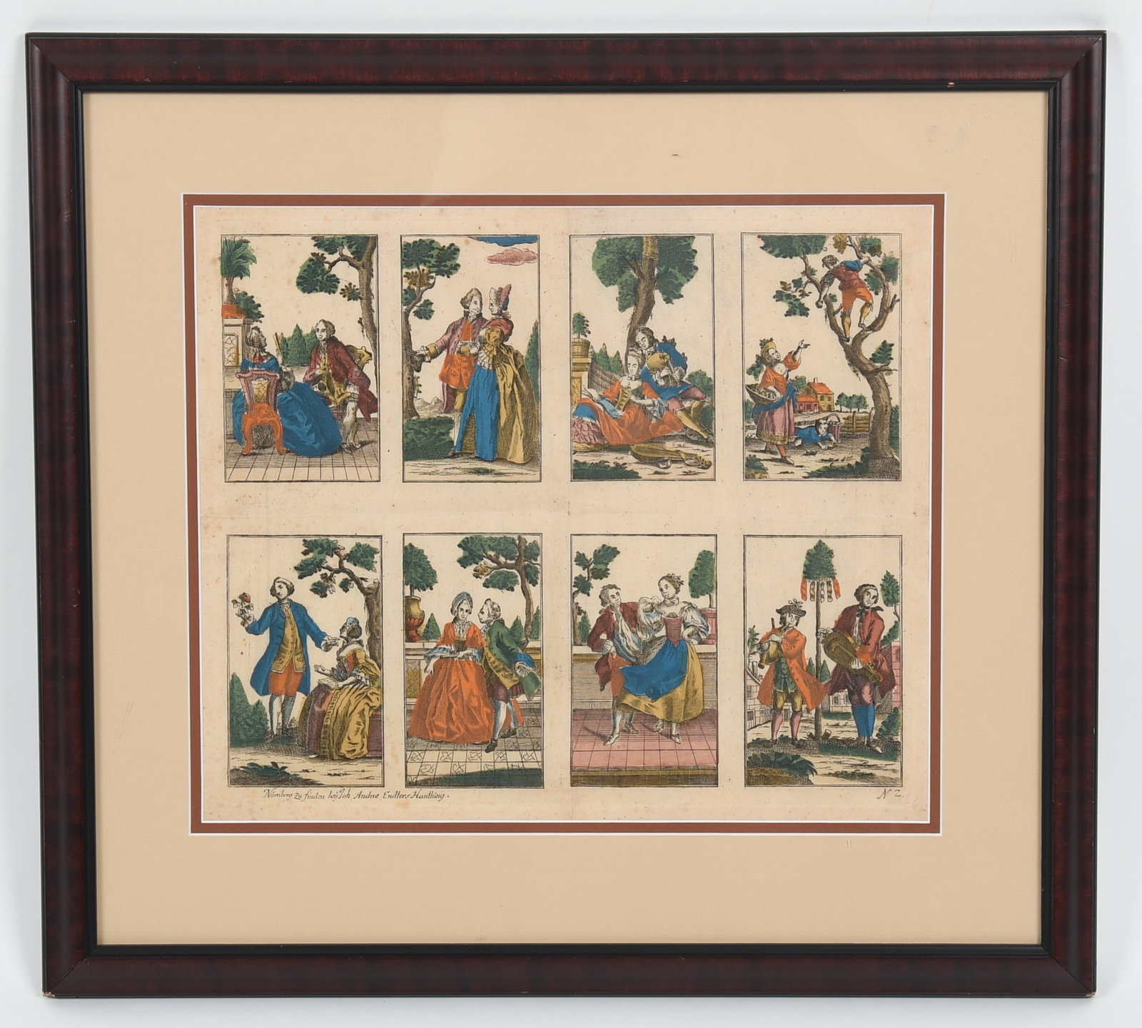An 18th century Nuremberg Colored Engraving: An 18th century Nuremberg Colored Engraving An eight paneled work depicting various courting and domestic scenes, printed by the Johann Andrea Endter's company. Dimensions: sight is 13&