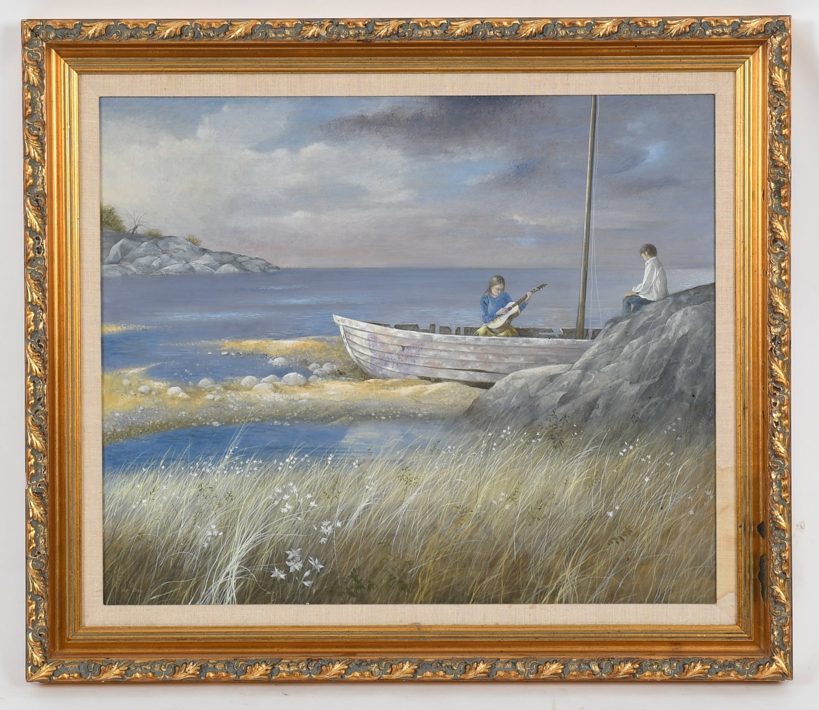 Don W. Lord (Pennsylvania, 1929-1990), Tempera on Masonite: Don W. Lord (Pennsylvania, 1929-1990), Tempera on Masonite Untitled, 20th century, depicting two figures at a beached sailboat the woman playing a guitar and a boy sitting on the rocks, sig