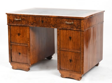 Biedermeier Rosewood Inlaid Figured Walnut Pedestal Desk, 19th Century