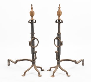 Large Pair of Wrought Iron and Brass Andirons, 19th Century