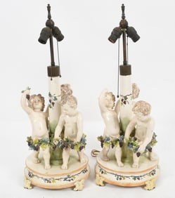 Pair of Italian Faience Figural Table Lamps, Early 20th Century