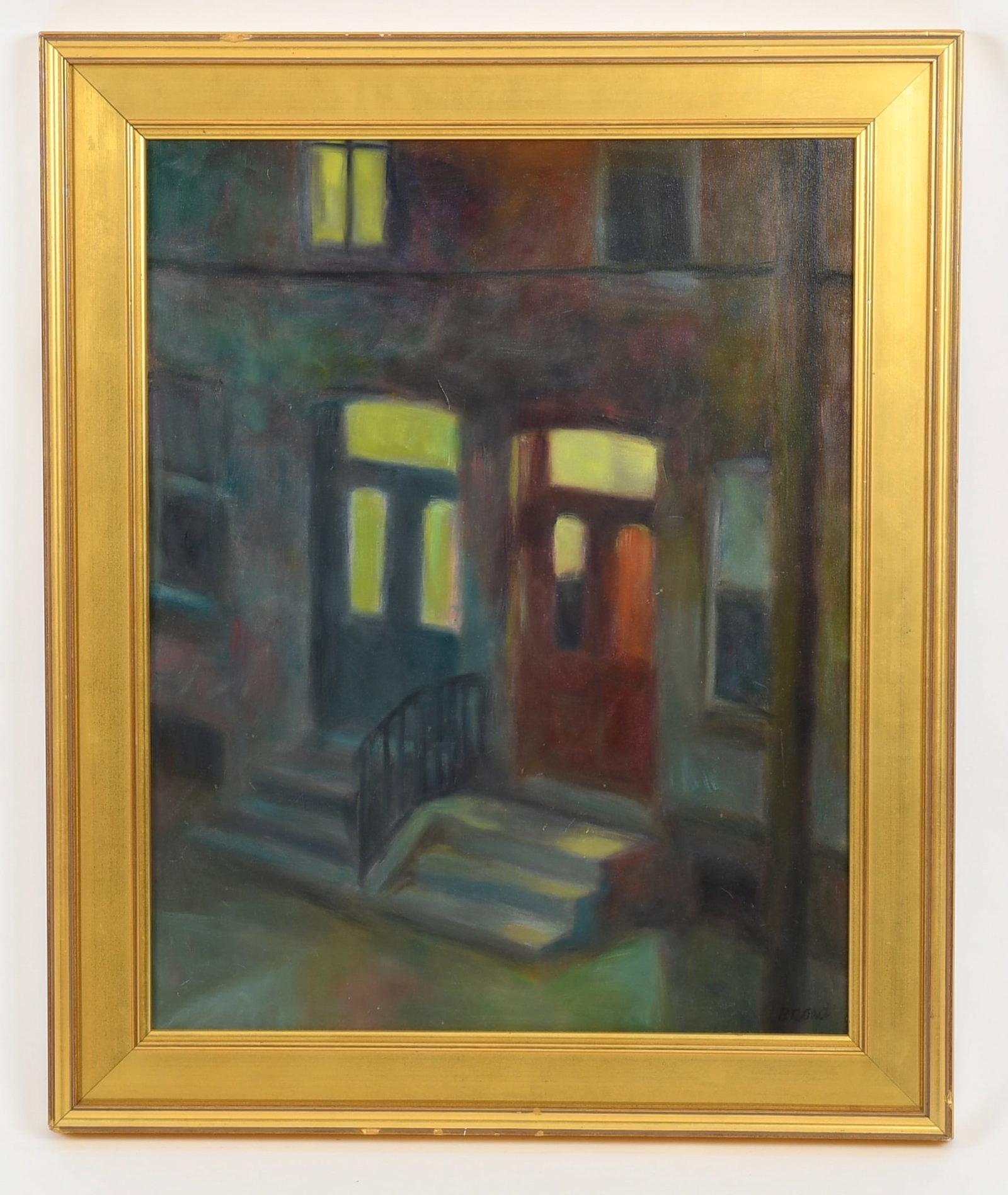 Kevin Broad (American Contemporary), Acrylic on Canvas: Kevin Broad (American Contemporary), Acrylic on Canvas Untitled, a view of the front of two row homes at night, signed at the lower right. Dimensions: 28" x 22", the frame 3