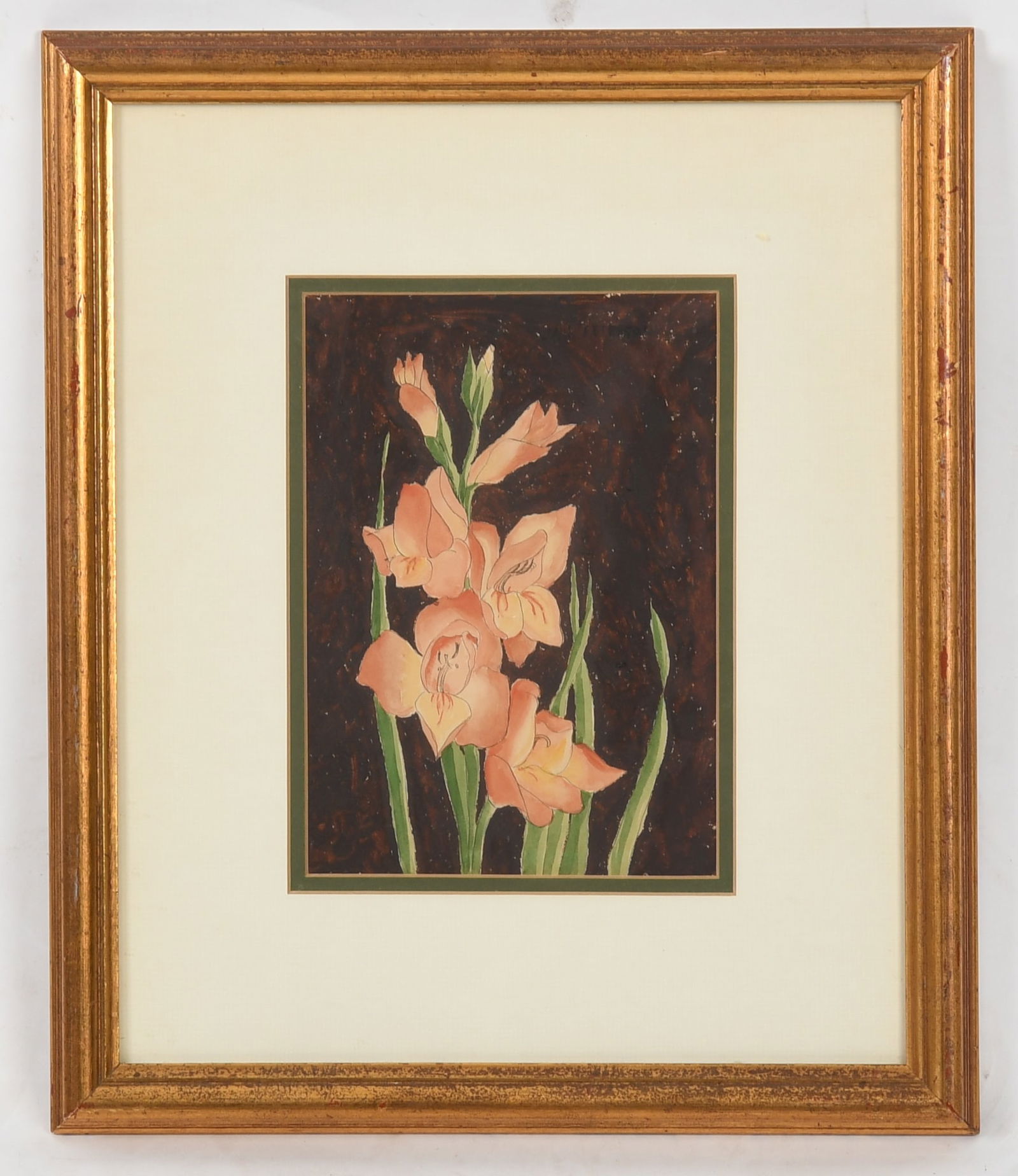 Jane Peterson (American, 1876-1965), Mixed Media: Jane Peterson (American, 1876-1965), Mixed Media Depicting orchids in pen and watercolor against a red-brown ground appearing to be in oil paint, signed to the upper right corner. Dimensions:&nb