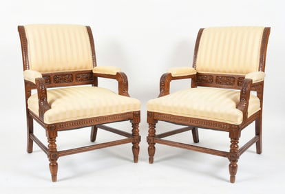 Pair of Aesthetic Movement Carved Oak Armchairs, Late 19th Century