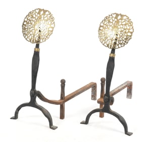 Pair of Arts and Crafts Pierced Brass and Wrought Iron Andirons, Early 20th Century