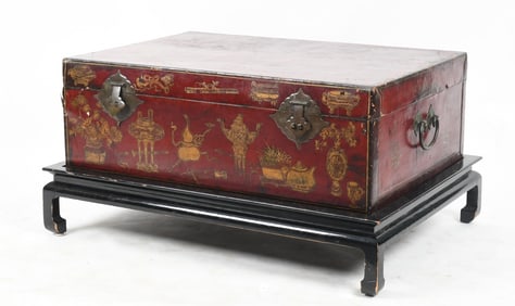 Chinoiserie Decorated Leather Wrapped Box on Black Lacquer Stand