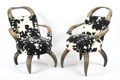 Pair of Whimsical Steer Horn Lounge Chairs, 20th Century