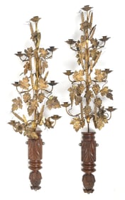 Pair of Gilt Metal and Carved Mahogany Seven Light Wall Sconces