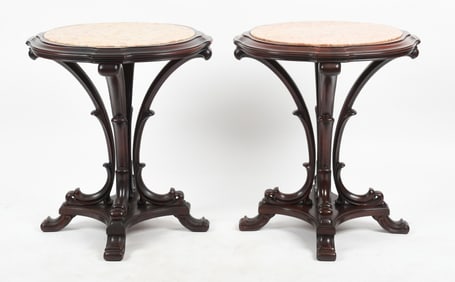 Pair of Carved Mahogany and Marble Inset Occasional Tables, Early 20th Century