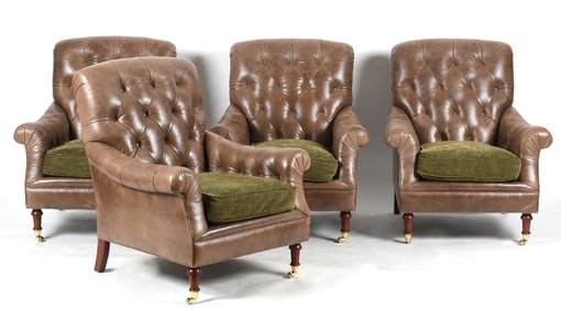 Set of Four Modern Tufted Leather Bergeres, Covered in Brunschwig & Fils Upholstery