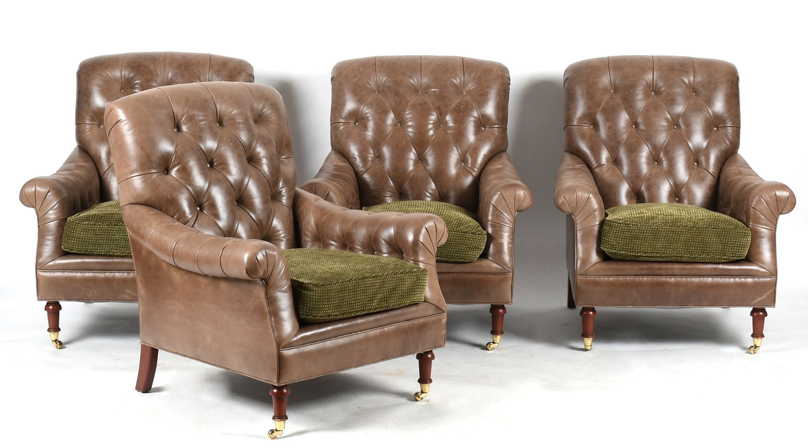 Set of Four Modern Tufted Leather Bergeres, Covered in Brunschwig & Fils Upholstery (1 of 8)