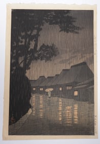Kawase Hasui (1883-1957), Woodblock, Rain at Maekawa