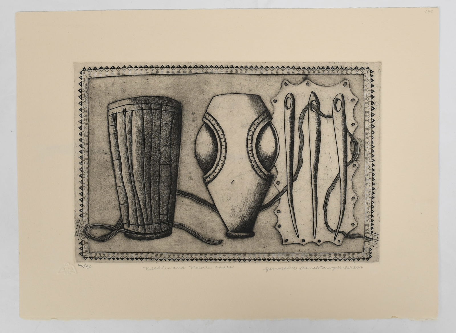 Germaine Arnaktauyok (Inuit, b. 1946), Etching: Germaine Arnaktauyok (Inuit, b. 1946), Etching "Needles and Needle Cases", from a numbered edition no. 40/50, pencil signed. Dimensions: sheet is 12" x 16 1/4&quo